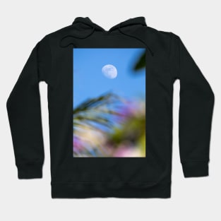 Day Moon with Palm Trees in Foreground Hoodie